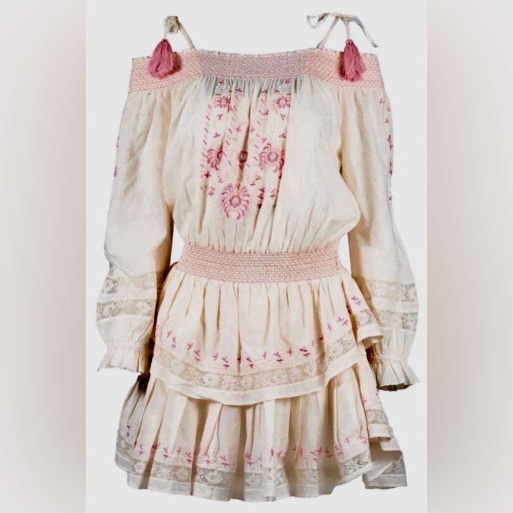LoveShackFancy Mini Dress Pop Over Skirt embroidered Cotton Pink & White Size S